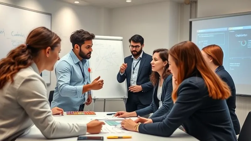 A photorealistic image of a diverse group of professionals engaged in a dynamic workshop, using whiteboards and interactive displays, with a mentor figure guiding them. The atmosphere is collaborative and energetic, professional photography, 8K, cinematic lighting, sharp focus, depth of field, shot on a high-end DSLR, emphasizing learning and growth. A photorealistic image of a diverse group of professionals engaged in a dynamic workshop, using whiteboards and interactive displays, with a mentor figure guiding them. The atmosphere is collaborative and energetic, professional photography, 8K, cinematic lighting, sharp focus, depth of field, shot on a high-end DSLR, emphasizing learning and growth.