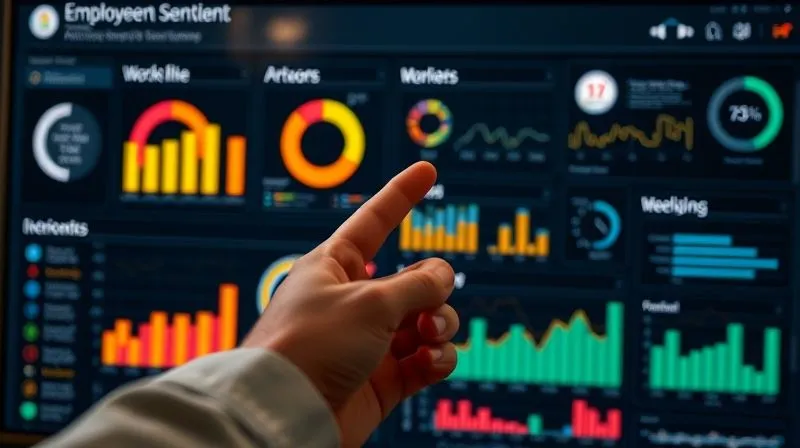 Photorealistic, professional photography, 8K, cinematic lighting, sharp focus, depth of field, shot on a high-end DSLR. A sophisticated data dashboard displaying various employee sentiment metrics: engagement scores, well-being indicators, and workload distributions, with charts and graphs showing trends. A hand points to a specific data point, highlighting proactive insights into potential burnout risks in a hybrid workforce.