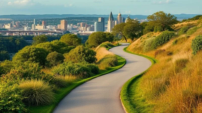 Photorealistic, professional photography, 8K, cinematic lighting, sharp focus, depth of field, shot on a high-end DSLR. A winding, well-maintained path leading through a diverse landscape, transitioning from a bustling city skyline to serene nature. The path is well-lit and clear, symbolizing a continuous journey of adaptability and resilience in navigating work-life integration within a hybrid environment.