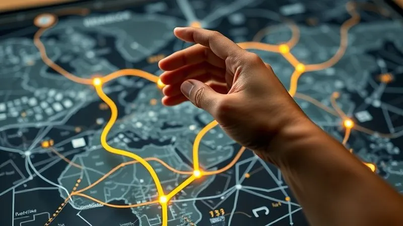 A photorealistic, professional photography, 8K, cinematic lighting, sharp focus, depth of field, shot on a high-end DSLR, depicting multiple diverging pathways on a complex digital map, each path representing a different future scenario for a project. A hand is hovering over the map, contemplating the choices, with subtle glowing lines indicating potential risk points on each path.