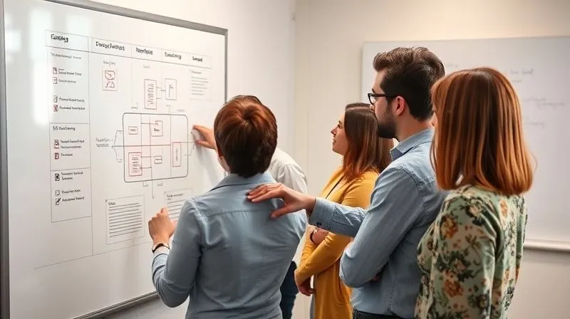 A photorealistic, professional photography, 8K, cinematic lighting, sharp focus, depth of field, shot on a high-end DSLR, depicting a diverse project team gathered around a whiteboard, actively collaborating and openly discussing complex issues. The atmosphere is one of trust and mutual respect, with individuals pointing to diagrams and sharing ideas freely, symbolizing psychological safety and blameless learning in action.