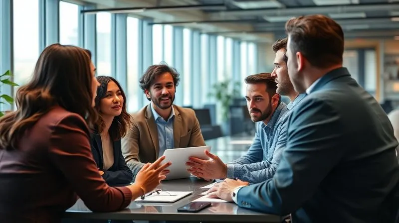 A photorealistic image of a diverse group of employees in a modern office, engaged in an open dialogue session, with one employee speaking passionately and others actively listening, conveying a sense of mutual respect and open communication, cinematic lighting, 8K, shot on high-end DSLR.