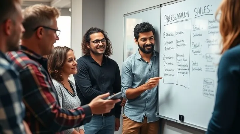 A photorealistic shot of a diverse team collaborating around a whiteboard, actively contributing ideas and solving a problem, with a sense of shared ownership and enthusiasm, professional photography, 8K, cinematic lighting, sharp focus, depth of field, shot on a high-end DSLR.