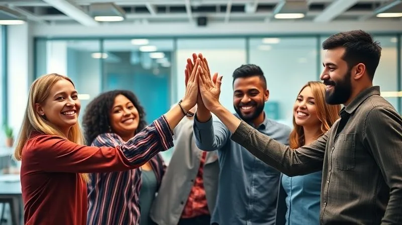 A photorealistic image of a diverse group of employees celebrating a project success with genuine smiles and high-fives in a modern, well-lit office space, conveying strong camaraderie and a positive team spirit, professional photography, 8K, cinematic lighting, sharp focus, depth of field, shot on a high-end DSLR.