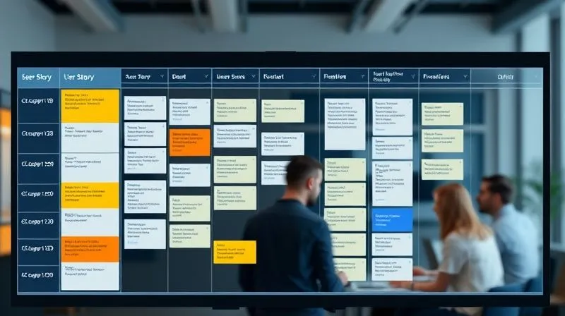 A photorealistic image of a neatly organized digital Kanban board, with user story cards clearly categorized, prioritized, and color-coded. The "Ready for Sprint" column is full of well-defined tasks, radiating clarity and order. Professional photography, 8K, cinematic lighting, sharp focus on the board, depth of field blurring a productive but calm team in the background, shot on a high-end DSLR.