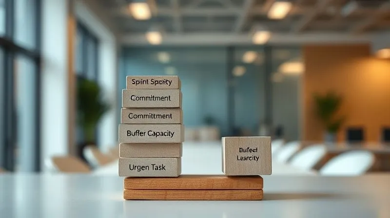 A photorealistic image depicting a balanced scale. On one side, a stack of perfectly sized and labeled "Sprint Commitment" blocks. On the other side, a smaller, clearly defined "Buffer Capacity" block, ready to absorb a few small, unexpected "Urgent Task" blocks that are hovering nearby. The background is a clean, modern office. Professional photography, 8K, cinematic lighting, sharp focus on the scale, depth of field blurring the background, shot on a high-end DSLR.