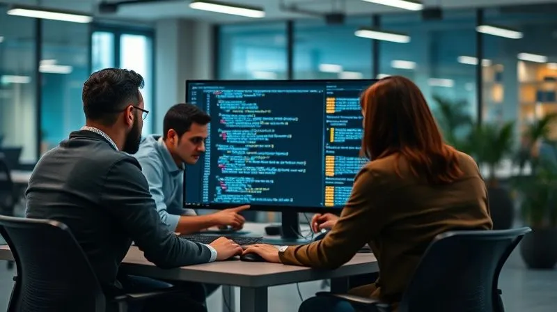 A photorealistic image of a diverse agile development team deeply focused, collaborating around a large monitor displaying code. They are in a modern, open-plan office, but their immediate area feels like a bubble of concentration, with minimal distractions. Professional photography, 8K, cinematic lighting, sharp focus on the team, depth of field blurring the wider office environment, shot on a high-end DSLR.