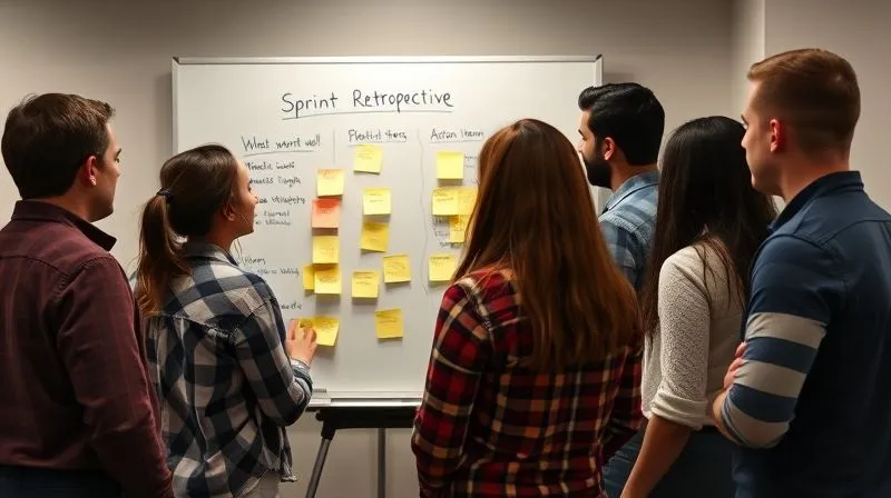 A photorealistic image of a diverse agile team actively engaged in a sprint retrospective meeting. They are standing around a whiteboard with sticky notes, discussing "What went well," "What could be improved," and "Action items." The atmosphere is collaborative and problem-solving focused. Professional photography, 8K, cinematic lighting, sharp focus on the team and whiteboard, depth of field blurring the background, shot on a high-end DSLR.