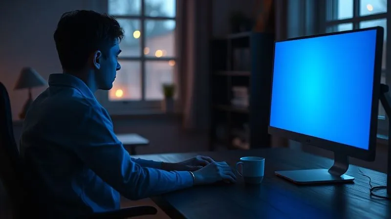 photorealistic, professional photography, 8K, cinematic lighting, sharp focus, depth of field, shot on a high-end DSLR, a solitary figure sitting at a home office desk, bathed in the blue glow of a computer screen, a half-empty coffee cup beside them, with a sense of quiet isolation, but a subtle warmth from a distant window hinting at connection, conveying thoughtfulness and the challenge of remote work.