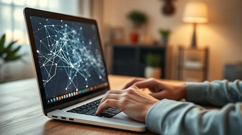 photorealistic, professional photography, 8K, cinematic lighting, sharp focus, depth of field, shot on a high-end DSLR, a person's hands typing on a laptop keyboard, with a glowing, intricate network of connected lines and abstract data visualizing continuous learning and skill development, radiating upwards from the screen, symbolizing growth and connection, in a modern, clean home office setting.