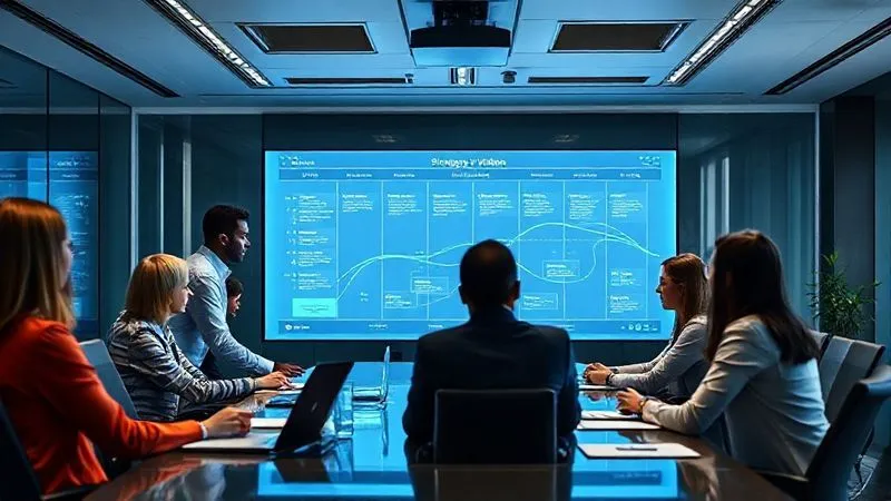 A diverse group of professionals in a modern boardroom, collaborating intensely around a large digital display showing a strategic roadmap, symbolizing alignment and shared vision. Photorealistic, professional photography, 8K, cinematic lighting, sharp focus, depth of field, shot on a high-end DSLR.