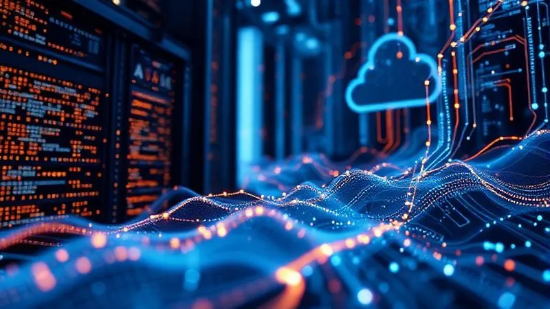 A highly detailed visual representation of data flowing smoothly from an older, complex database system into a sleek, modern cloud-based system, with minimal friction or bottlenecks. Data streams are depicted as glowing lines. Photorealistic, professional photography, 8K, cinematic lighting, sharp focus, depth of field, shot on a high-end DSLR.