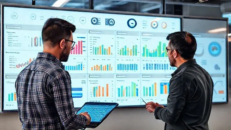 A professional team analyzing a dashboard filled with various performance metrics and user feedback charts, indicating successful adoption and areas for improvement after a tech rollout. The atmosphere is collaborative and forward-looking. Photorealistic, professional photography, 8K, cinematic lighting, sharp focus, depth of field, shot on a high-end DSLR.