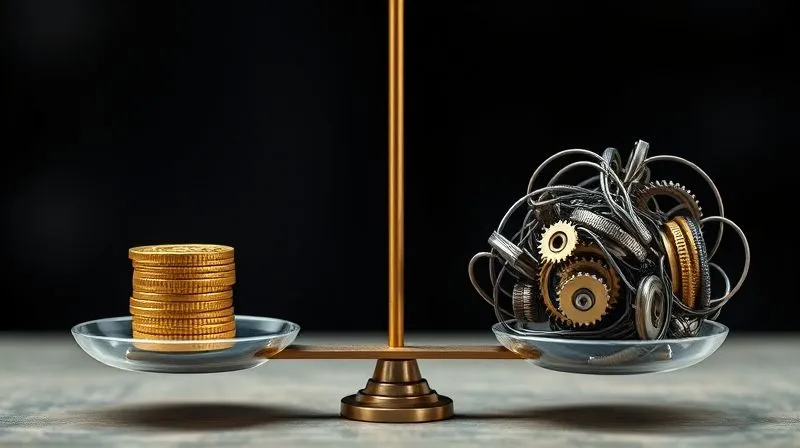 A photorealistic, professional photography, 8K image of a clear, balanced scale. On one side, a stack of gold coins representing 'Reward' is balanced against a complex, intricate tangle of gears and wires representing 'Risk' on the other. Cinematic lighting, sharp focus on the scale's equilibrium, depth of field blurring the background, shot on a high-end DSLR, conveying the delicate balance of R&D investment. A photorealistic, professional photography, 8K image of a clear, balanced scale. On one side, a stack of gold coins representing 'Reward' is balanced against a complex, intricate tangle of gears and wires representing 'Risk' on the other. Cinematic lighting, sharp focus on the scale's equilibrium, depth of field blurring the background, shot on a high-end DSLR, conveying the delicate balance of R&D investment.