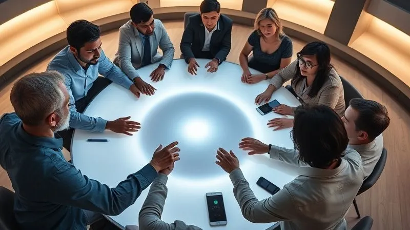 A photorealistic, professional photography, 8K image of diverse business professionals (engineers, marketers, executives) gathered around a large, illuminated circular table, actively engaged in discussion. Their hands are gesturing, and their faces show focused collaboration and communication, with a subtle glow emanating from the center of the table representing shared understanding. Cinematic lighting, sharp focus on the group, depth of field blurring the background, shot on a high-end DSLR. A photorealistic, professional photography, 8K image of diverse business professionals (engineers, marketers, executives) gathered around a large, illuminated circular table, actively engaged in discussion. Their hands are gesturing, and their faces show focused collaboration and communication, with a subtle glow emanating from the center of the table representing shared understanding. Cinematic lighting, sharp focus on the group, depth of field blurring the background, shot on a high-end DSLR.