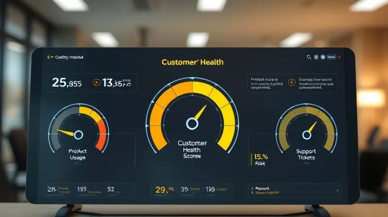 A photorealistic 3D dashboard displaying a customer health score with a prominent dial showing 'at-risk' in yellow, surrounded by smaller gauges for product usage, support tickets, and recent purchases. Cinematic lighting, sharp focus on the dashboard, depth of field blurring a professional office background. 8K hyper-detailed. Shot on a high-end DSLR.