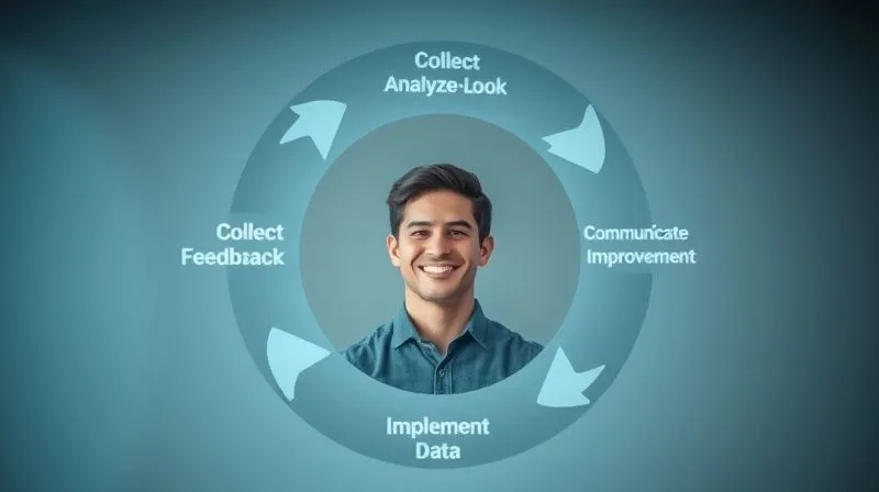 A photorealistic, professional photography, 8K, cinematic lighting, sharp focus, depth of field. A circular feedback loop diagram, with arrows showing 'Collect Feedback,' 'Analyze Data,' 'Implement Changes,' and 'Communicate Improvements' flowing seamlessly. The center shows a happy, engaged customer profile. Shot on a high-end DSLR.