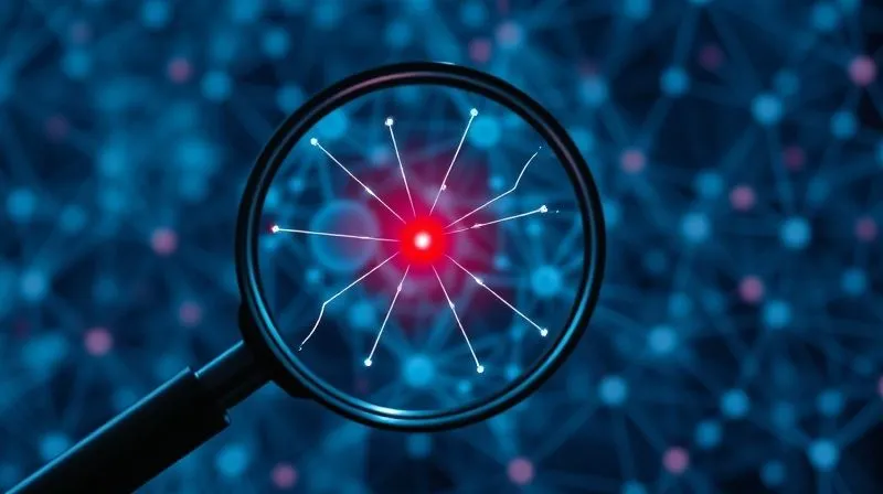 A photorealistic image of a magnifying glass hovering over a complex network of interconnected lines and nodes, highlighting a single red node, symbolizing early risk detection. Professional photography, 8K, cinematic lighting, sharp focus on the red node, depth of field blurring the background, shot on a high-end DSLR.