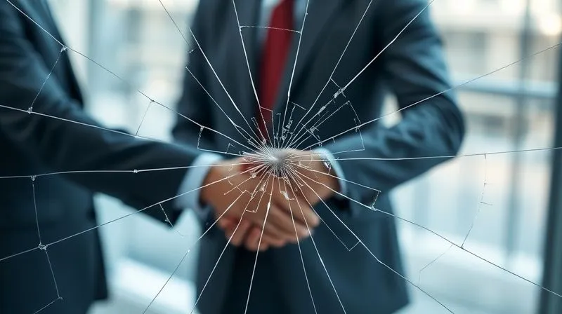 A photorealistic image showing a fractured glass pane with cracks spreading, symbolizing relationship risk in business. In the background, two blurred business figures shake hands, highlighting the fragility of trust. Professional photography, 8K, cinematic lighting, sharp focus on the cracks, depth of field blurring the figures, shot on a high-end DSLR.