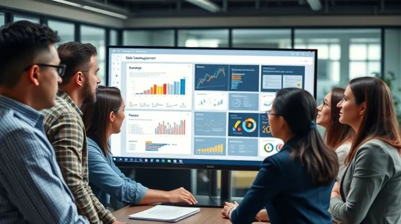 A photorealistic image of a diverse business team gathered around a large monitor, collaboratively analyzing a risk management dashboard with various charts and graphs, pointing and discussing. Professional photography, 8K, cinematic lighting, sharp focus on the team's faces and the screen, depth of field blurring the office background, shot on a high-end DSLR.