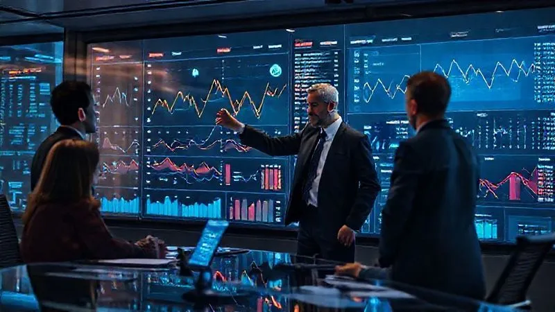 A photorealistic, professional photography, 8K, cinematic lighting, sharp focus, depth of field, shot on a high-end DSLR, depicting a sophisticated, interactive predictive analytics dashboard on a large transparent screen in a modern control room. The screen displays complex time-series graphs with projected future trends, anomaly detection alerts highlighted in red, and real-time data streams flowing. A business leader is pointing at a specific emerging trend, surrounded by a team of analysts engaged in discussion, conveying a sense of urgent strategic decision-making.