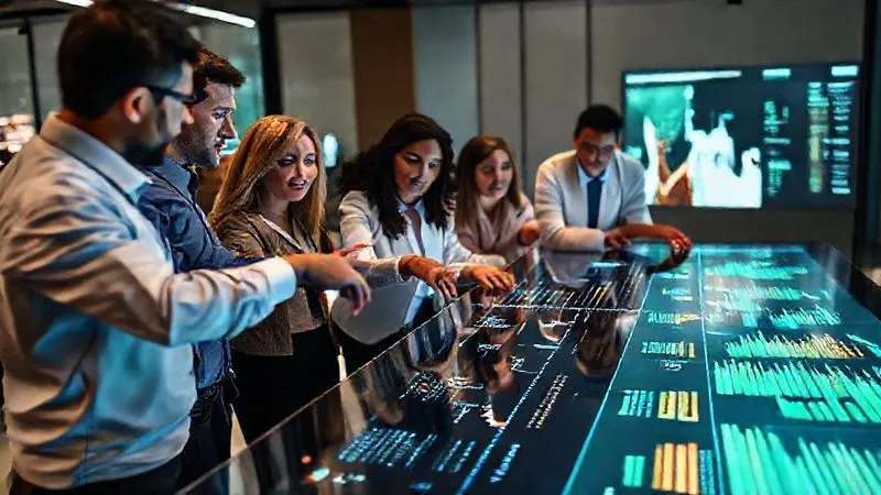A photorealistic, professional photography, 8K, cinematic lighting, sharp focus, depth of field, shot on a high-end DSLR, depicting a diverse business team gathered around a large, interactive digital table displaying multiple simulated market scenarios. Each scenario is visualized as a branching timeline with different outcomes and data points, showing potential impacts of disruptions. The team members are actively discussing and pointing at specific data visualizations, conveying intense strategic planning and foresight.