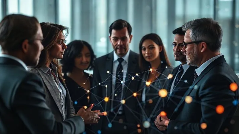 A photorealistic, professional photography, 8K, cinematic lighting, sharp focus, depth of field, shot on a high-end DSLR, depicting a diverse group of business professionals engaged in a serious discussion around a glowing, abstract data visualization. The visualization subtly shows interconnected nodes and lines, with some nodes highlighted in a contrasting color, representing ethical dilemmas or biases within data. The atmosphere is thoughtful and collaborative, emphasizing human oversight and ethical considerations in AI and analytics.