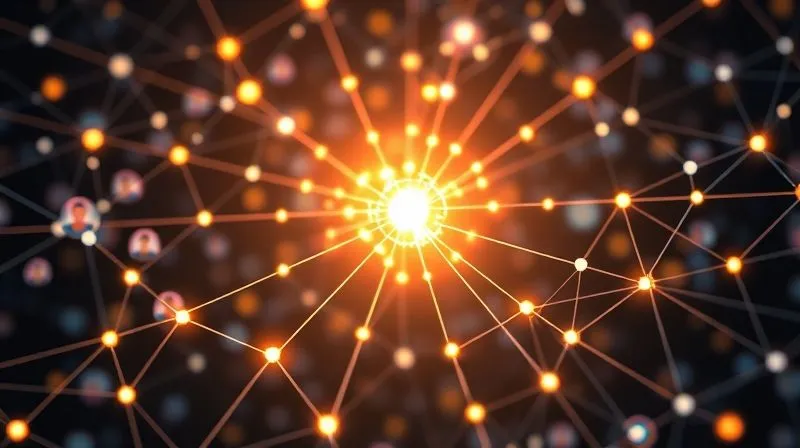 photorealistic, professional photography, 8K, cinematic lighting, sharp focus, depth of field, shot on a high-end DSLR. A complex, glowing web of interconnected nodes and lines, representing a digital network, with a central, brighter node signifying a core business model. In the background, diverse user avatars are subtly integrated, illustrating network effects. The image evokes growth and interconnectedness.