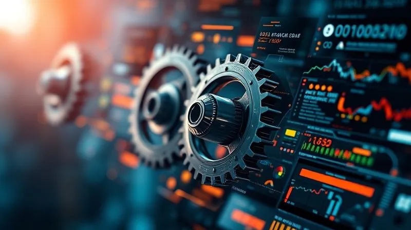 photorealistic, professional photography, 8K, cinematic lighting, sharp focus, depth of field, shot on a high-end DSLR. A dynamic, abstract representation of interlocking gears and flowing data, constantly shifting and reconfiguring. The overall impression is one of continuous motion, evolution, and innovation, set against a backdrop of blurred, futuristic technology. The mood is forward-thinking and adaptable.