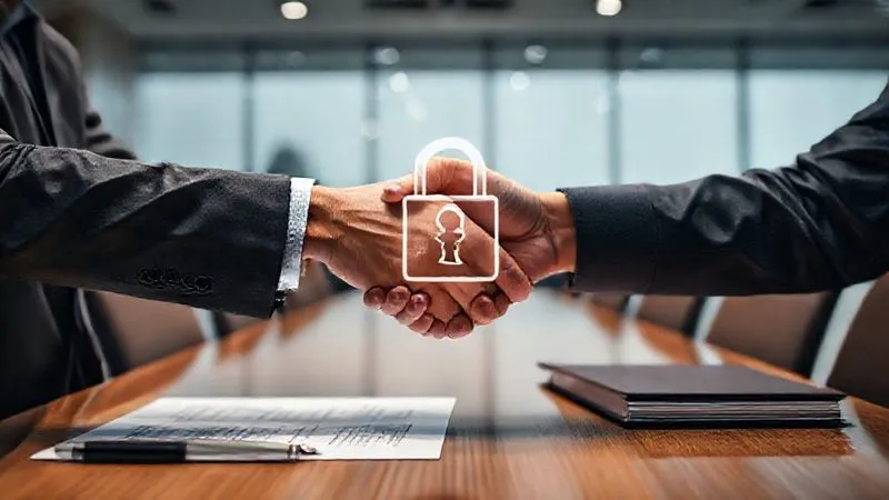 photorealistic, professional photography, 8K, cinematic lighting, sharp focus, depth of field, shot on a high-end DSLR, two business professionals shaking hands over a table laden with legal documents and a stylus pen, with a subtle digital lock icon superimposed on the handshake, in a modern, well-lit conference room, conveying trust, agreement, and legal security.