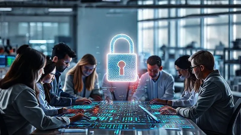 photorealistic, professional photography, 8K, cinematic lighting, sharp focus, depth of field, shot on a high-end DSLR, a diverse team of engineers and scientists collaborating around a large interactive digital display showing intricate data visualizations and code, with a subtle holographic padlock icon floating above their shared workspace, symbolizing secure and collaborative innovation, in a modern, brightly lit tech lab.