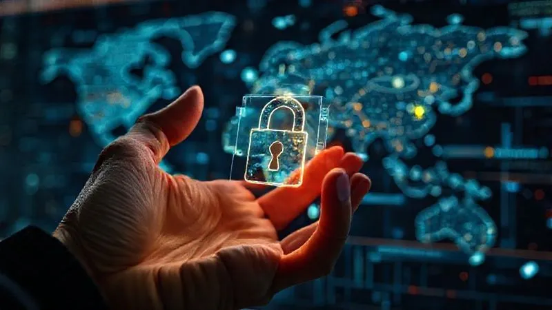 photorealistic, professional photography, 8K, cinematic lighting, sharp focus, depth of field, shot on a high-end DSLR, a hand meticulously adjusting a complex, glowing digital lock on a holographic interface, with a background of rapidly changing global maps and abstract data streams, symbolizing continuous adaptation and vigilance in intellectual property protection in a dynamic technological landscape, conveying foresight and precision.