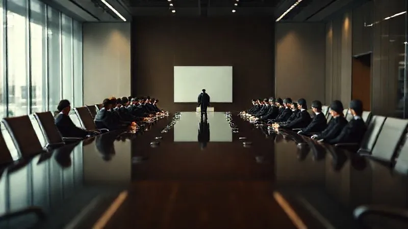 photorealistic, professional photography, 8K, cinematic lighting, sharp focus, depth of field, shot on a high-end DSLR. A corporate boardroom table, one end dramatically oversized and filled with many chairs and powerful figures in dark suits, while the opposite end is small and sparsely populated with a single, isolated figure, symbolizing the imbalance of power and potential for majority oppression. The room is dimly lit, highlighting the stark contrast. The background is a blurred modern office interior. photorealistic, professional photography, 8K, cinematic lighting, sharp focus, depth of field, shot on a high-end DSLR. A corporate boardroom table, one end dramatically oversized and filled with many chairs and powerful figures in dark suits, while the opposite end is small and sparsely populated with a single, isolated figure, symbolizing the imbalance of power and potential for majority oppression. The room is dimly lit, highlighting the stark contrast. The background is a blurred modern office interior.