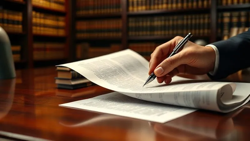 photorealistic, professional photography, 8K, cinematic lighting, sharp focus, depth of field, shot on a high-end DSLR. A detailed legal document, partially unrolled on a polished mahogany desk, with a focused hand holding a pen, poised to make a critical annotation. In the background, a subtle, out-of-focus image of a legal firm's library filled with law books, conveying meticulous preparation and expert guidance. Cinematic lighting highlights the document and hand, creating a serious, contemplative mood. photorealistic, professional photography, 8K, cinematic lighting, sharp focus, depth of field, shot on a high-end DSLR. A detailed legal document, partially unrolled on a polished mahogany desk, with a focused hand holding a pen, poised to make a critical annotation. In the background, a subtle, out-of-focus image of a legal firm's library filled with law books, conveying meticulous preparation and expert guidance. Cinematic lighting highlights the document and hand, creating a serious, contemplative mood.