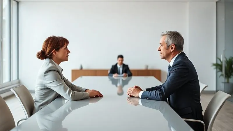 photorealistic, professional photography, 8K, cinematic lighting, sharp focus, depth of field, shot on a high-end DSLR. Two figures in professional business attire, seated across a modern conference table, engaged in a serious but calm discussion. A neutral third figure, a mediator, sits at the head of the table, facilitating the dialogue. The setting is a bright, minimalist office, conveying a sense of structured resolution and negotiation. The focus is on their expressions and body language, suggesting thoughtful deliberation. photorealistic, professional photography, 8K, cinematic lighting, sharp focus, depth of field, shot on a high-end DSLR. Two figures in professional business attire, seated across a modern conference table, engaged in a serious but calm discussion. A neutral third figure, a mediator, sits at the head of the table, facilitating the dialogue. The setting is a bright, minimalist office, conveying a sense of structured resolution and negotiation. The focus is on their expressions and body language, suggesting thoughtful deliberation.