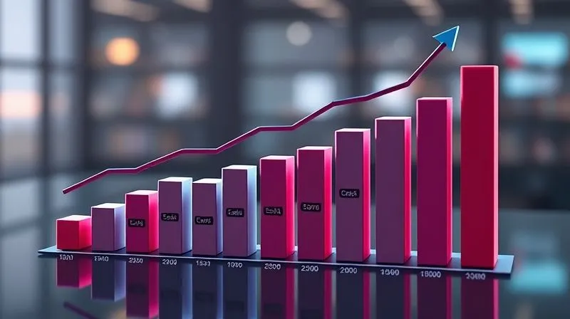 A photorealistic 3D bar chart showing sales growth, customer lifetime value increase, and market share expansion over time, with clear labels and a rising trend line, cinematic lighting, sharp focus, depth of field, 8K hyper-detailed.