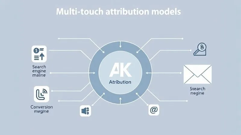 A photorealistic infographic illustrating a multi-touch attribution model, with various marketing channels (social media icon, search engine icon, email icon) feeding into a central conversion point, showing weighted contributions, professional photography, 8K, cinematic lighting.