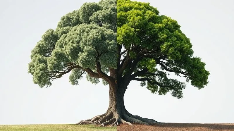 A photorealistic image of a mature, strong oak tree with deep roots representing long-term brand equity, juxtaposed with a swiftly growing but shallower plant representing short-term sales, both under different light conditions, symbolizing strategic patience, professional photography, 8K, cinematic lighting, sharp focus on both plants.