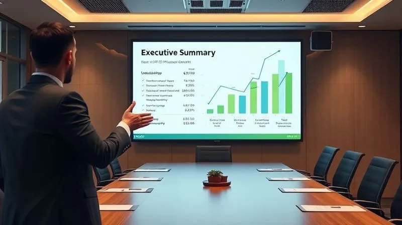 A photorealistic image of a professional business presentation on a large screen in a modern boardroom, displaying a clear, concise executive summary slide with key brand ROI metrics and a positive growth trajectory, with a presenter confidently gesturing towards the screen, professional photography, 8K, cinematic lighting, sharp focus on the screen.