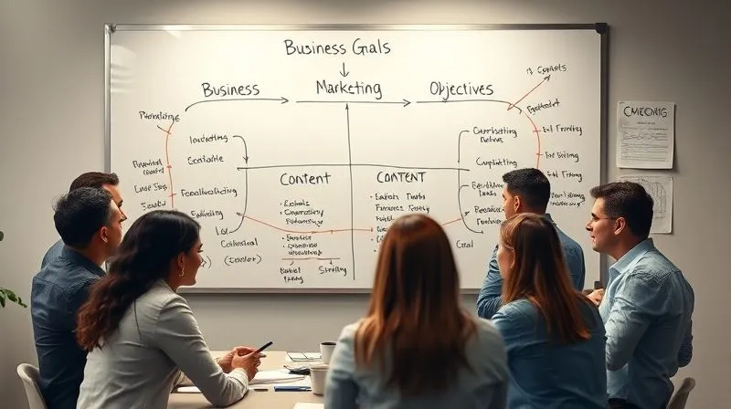 photorealistic, professional photography, 8K, cinematic lighting, sharp focus, depth of field, shot on a high-end DSLR. A diverse group of marketing and executive team members collaboratively brainstorming around a whiteboard filled with interconnected goals, arrows, and key metrics. The atmosphere is focused and strategic, with a sense of shared purpose and clear objectives. The whiteboard shows 'Business Goals' leading to 'Marketing Objectives' leading to 'Content Strategy'.