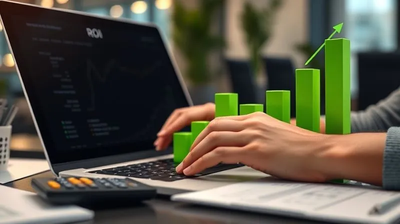photorealistic, professional photography, 8K, cinematic lighting, sharp focus, depth of field, shot on a high-end DSLR. A dynamic 3D bar chart illustrating content marketing ROI growth over quarters, with increasing green bars representing positive returns. In the foreground, hands are typing on a laptop, analyzing data, with a calculator and financial documents subtly visible. The background is a modern office setting. The image conveys clarity, growth, and financial success.