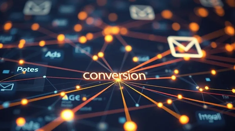 photorealistic, professional photography, 8K, cinematic lighting, sharp focus, depth of field, shot on a high-end DSLR. A complex, abstract representation of customer journey touchpoints, with glowing lines connecting different marketing channels (blog, social, email, ads) leading to a central 'conversion' point. Different segments of the lines are highlighted with varying intensity, illustrating multi-touch attribution credit distribution. The background is a clean, minimalist digital interface. The image evokes precision and interconnectedness.