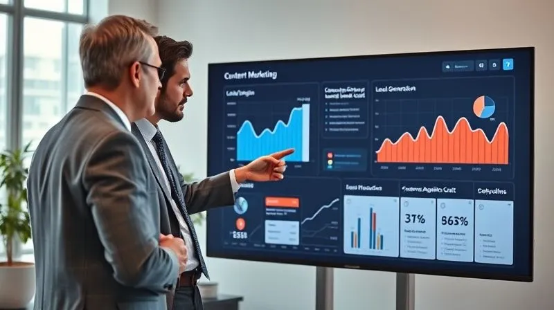 photorealistic, professional photography, 8K, cinematic lighting, sharp focus, depth of field, shot on a high-end DSLR. A sleek, modern data visualization dashboard displayed on a large monitor, showing clear, positive trends in content marketing ROI, lead generation, and customer acquisition cost reduction. A marketing professional is confidently pointing to a key metric on the screen, engaging with a senior executive who is nodding in understanding. The setting is a contemporary office with natural light. The visuals are clean, professional, and easy to interpret.