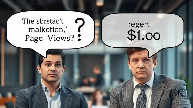 A photorealistic image depicting two distinct speech bubbles: one on the left containing abstract marketing metrics like "Likes," "Shares," "Page Views" with question marks, and one on the right containing clear financial terms like "Revenue," "Profit," "ROI" with dollar signs. The bubbles are hovering between a content marketer looking confused and an executive looking skeptical. Professional photography, 8K, cinematic lighting, sharp focus on the bubbles and faces, depth of field blurring a modern office background, shot on a high-end DSLR.