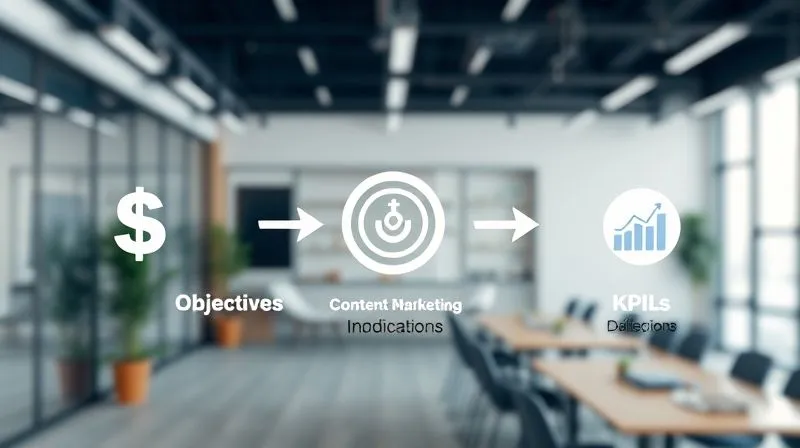 A photorealistic infographic showing a clear, linear progression from "Business Objectives" (represented by a dollar sign icon) to "Content Marketing Goals" (represented by a target icon) to "Key Performance Indicators (KPIs)" (represented by a chart icon) with bold arrows connecting them, set against a backdrop of a modern, clean office environment. Professional photography, 8K, cinematic lighting, sharp focus on the infographic, depth of field blurring the background, shot on a high-end DSLR.