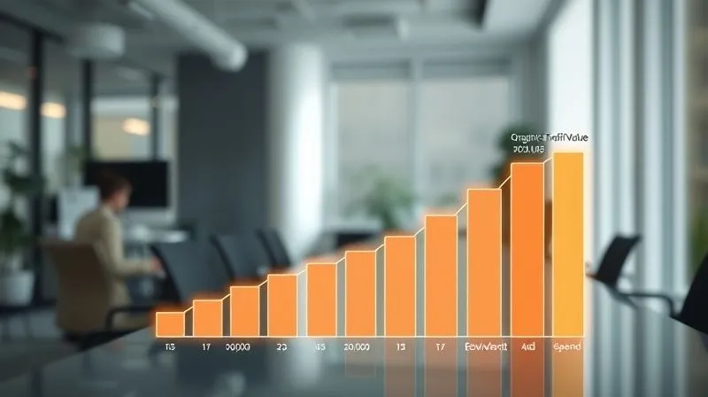 A photorealistic bar graph showing "Organic Traffic Value" steadily increasing over time, with a smaller, declining bar graph next to it labeled "Equivalent Paid Ad Spend," clearly illustrating the cost savings and efficiency gained. The background is a clean, modern office, with a subtle glow around the data points, emphasizing insights. Professional photography, 8K, cinematic lighting, sharp focus on the graphs, depth of field blurring the office, shot on a high-end DSLR.