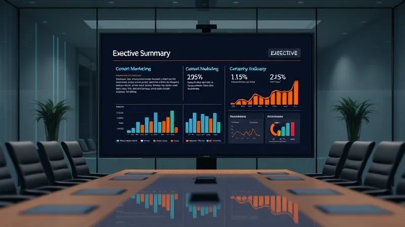 A photorealistic, sleek business presentation slide displayed on a large monitor in a modern boardroom, showing a clear, concise executive summary with key performance indicators (KPIs) presented as elegant bar charts and line graphs, highlighting positive trends. The data is easy to interpret, with clear labels and a compelling headline like "Content Marketing: Driving X% Revenue Growth." Professional photography, 8K, cinematic lighting, sharp focus on the monitor, depth of field blurring the conference table, shot on a high-end DSLR.