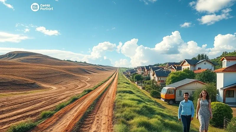 A photorealistic infographic showing two diverging paths for a company: one leading to a barren, empty landscape (no CSR) and the other to a lush, vibrant community with smiling customers and a strong brand logo in the sky (with CSR). Cinematic lighting, 8K, sharp focus, depth of field.