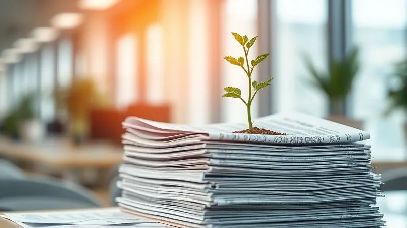 A photorealistic image of stacked financial reports and charts, with a green sapling sprouting from the top, symbolizing growth and sustainability in financial terms. Cinematic lighting, sharp focus on the sapling and reports, depth of field blurring a corporate office background. Professional photography, 8K, shot on a high-end DSLR.