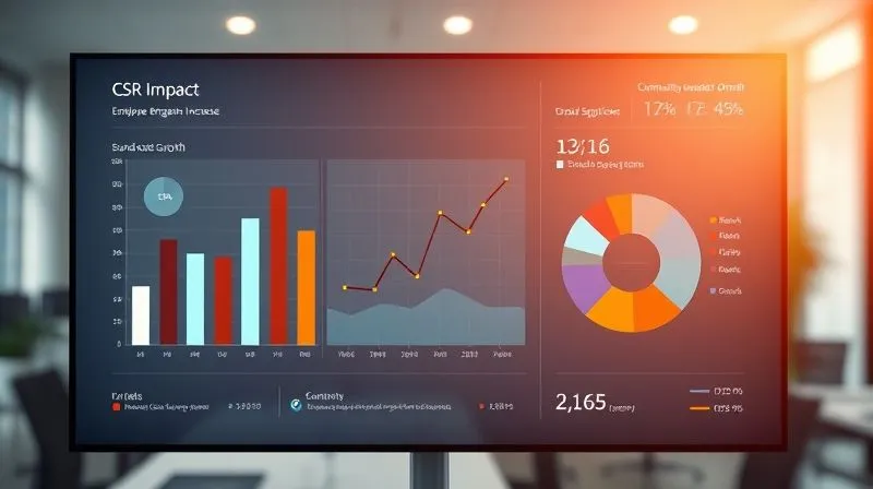 A photorealistic, sleek data dashboard displaying various charts and graphs related to CSR impact: a bar chart showing employee engagement increase, a line graph illustrating brand sentiment growth, and a pie chart detailing community investment distribution. The dashboard is clean, modern, and professional, with a subtle glow. Cinematic lighting, 8K, sharp focus on the data, depth of field blurring a corporate office background. Professional photography, shot on a high-end DSLR.